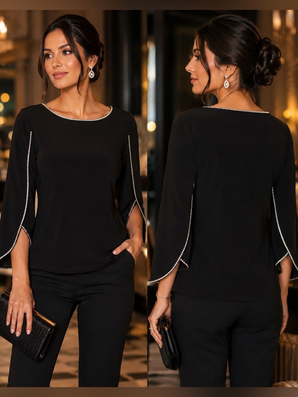 Cartise Black Rhinestone Trim Bell Sleeve Blouse Top Medium M Elegant Evening